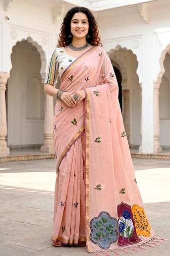 peach woven cotton saree with blouse