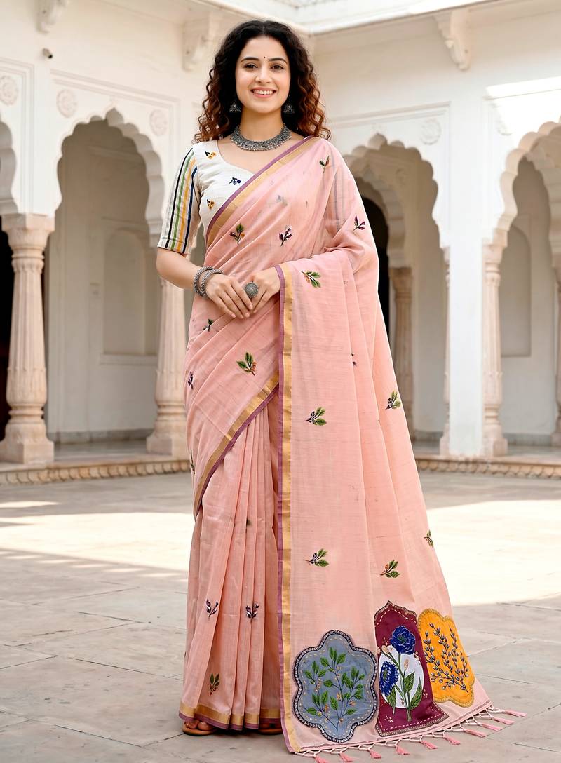 peach woven cotton saree with blouse
