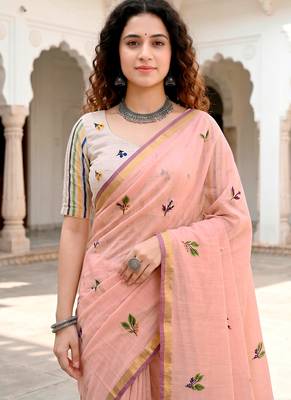 peach woven cotton saree with blouse 2