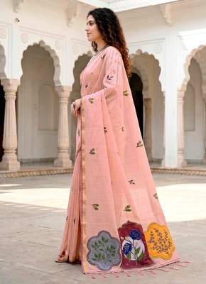 peach woven cotton saree with blouse 3