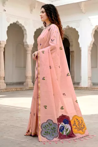 peach woven cotton saree with blouse