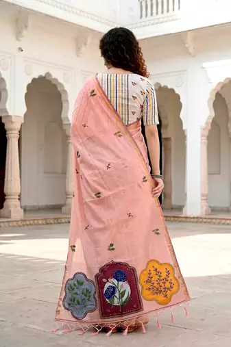 peach woven cotton saree with blouse