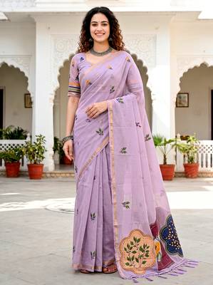 lavender woven cotton saree with blouse 1