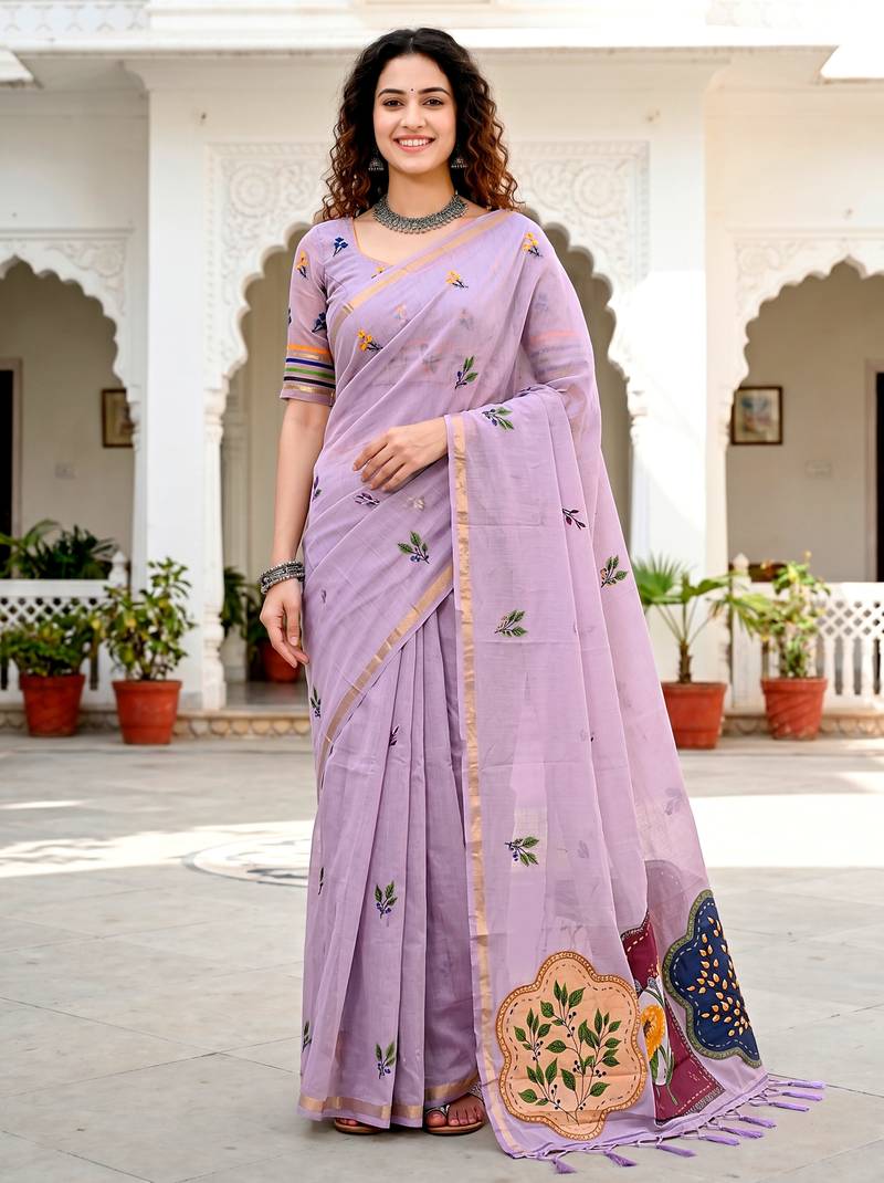 lavender woven cotton saree with blouse