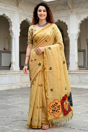 mustard woven cotton saree with blouse