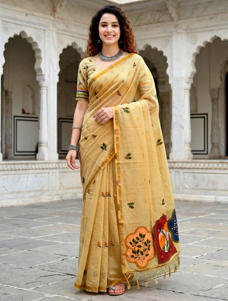 mustard woven cotton saree with blouse