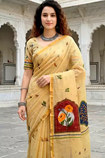 mustard woven cotton saree with blouse