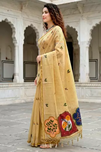 mustard woven cotton saree with blouse