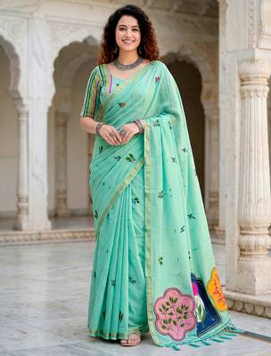 green woven cotton saree with blouse 1