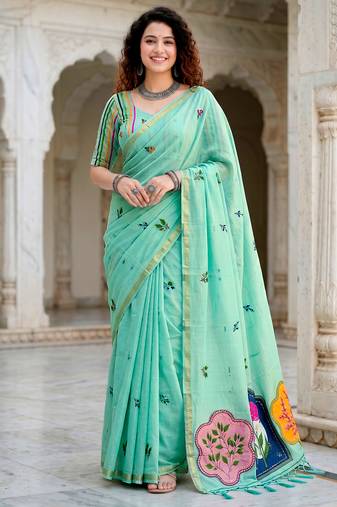green woven cotton saree with blouse