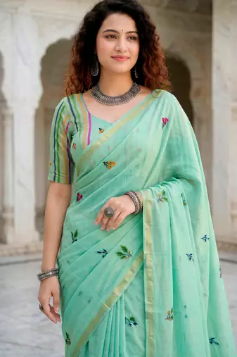 green woven cotton saree with blouse