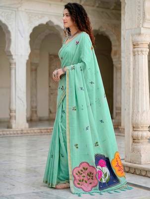 green woven cotton saree with blouse 3