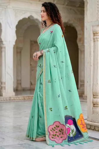 green woven cotton saree with blouse