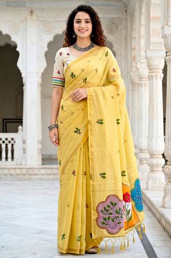 yellow woven cotton saree with blouse