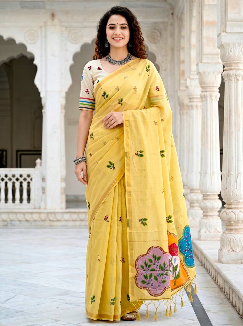 yellow woven cotton saree with blouse