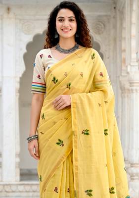 yellow woven cotton saree with blouse 2