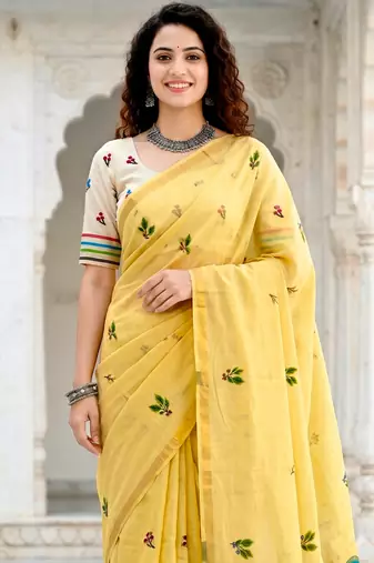yellow woven cotton saree with blouse
