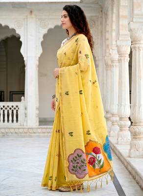 yellow woven cotton saree with blouse 3
