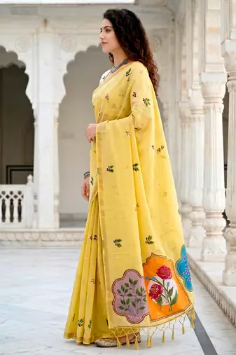 yellow woven cotton saree with blouse
