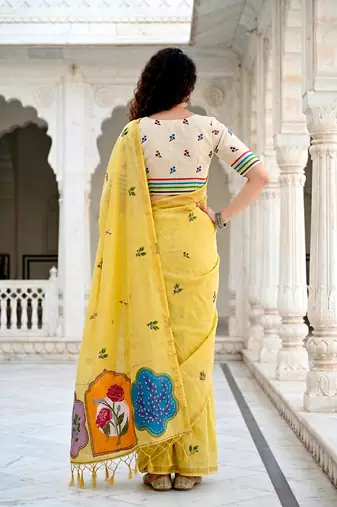 yellow woven cotton saree with blouse