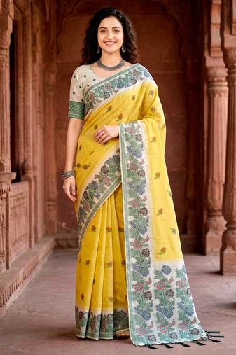 yellow woven cotton saree with blouse