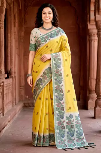 yellow woven cotton saree with blouse