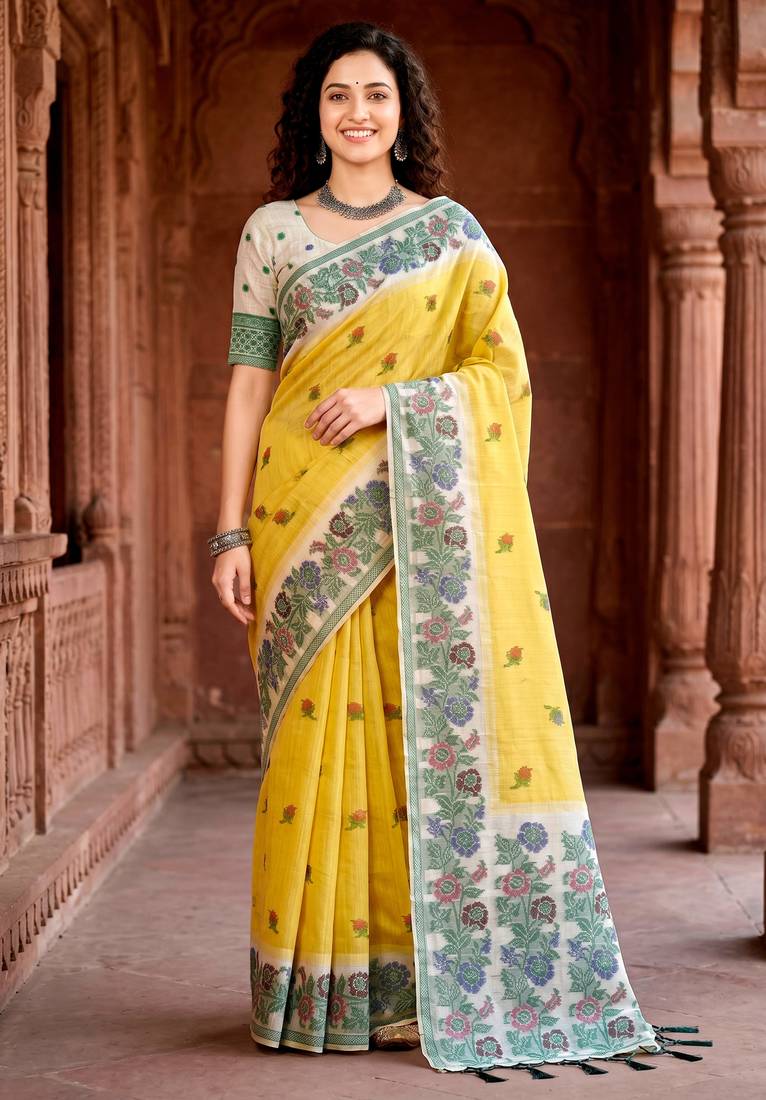 yellow woven cotton saree with blouse