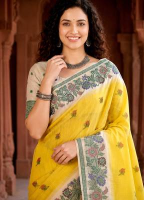 yellow woven cotton saree with blouse 2