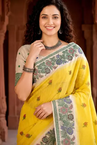 yellow woven cotton saree with blouse