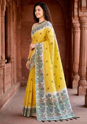 yellow woven cotton saree with blouse 3