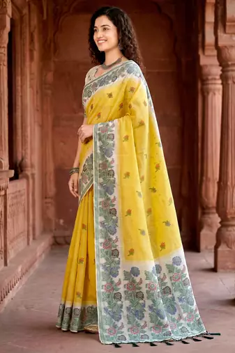 yellow woven cotton saree with blouse