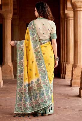 yellow woven cotton saree with blouse 4