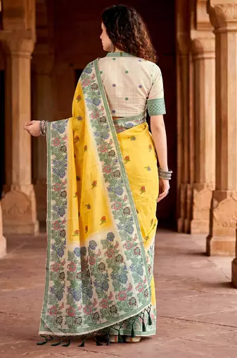 yellow woven cotton saree with blouse