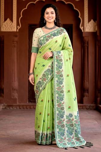 green woven cotton saree with blouse