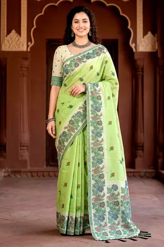 green woven cotton saree with blouse
