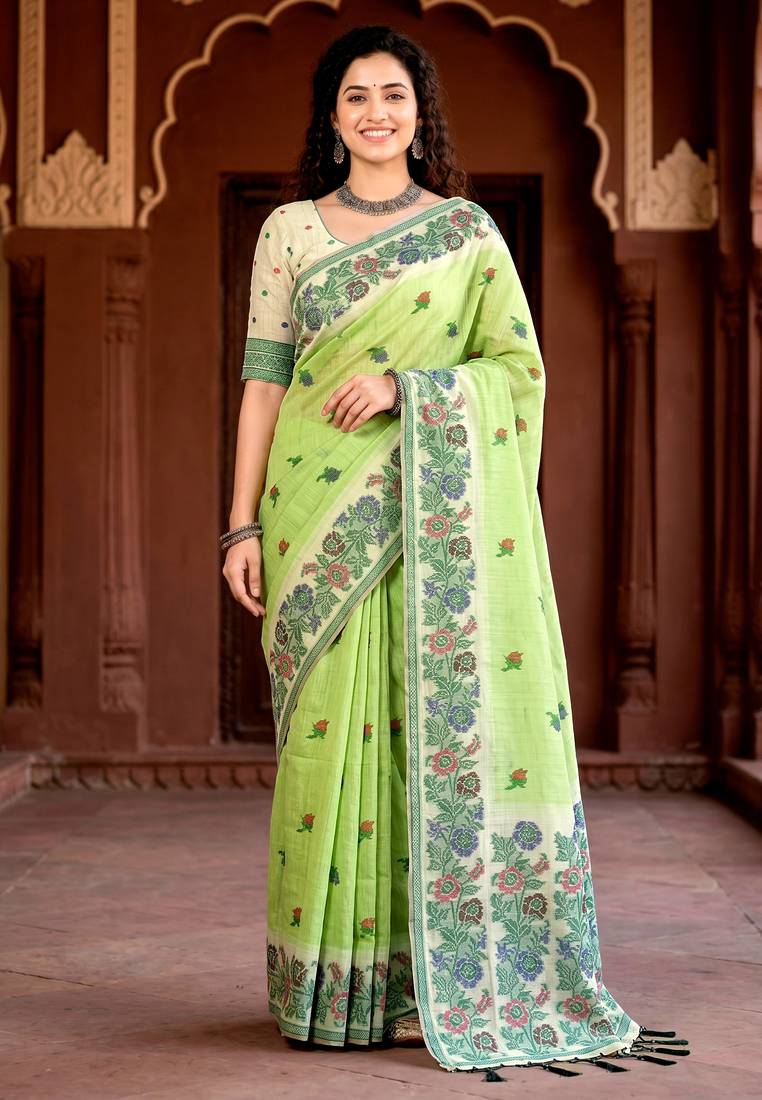 green woven cotton saree with blouse