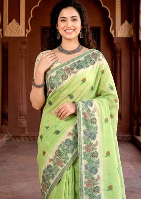 green woven cotton saree with blouse 2