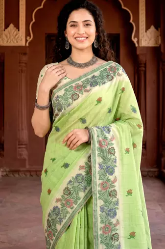 green woven cotton saree with blouse