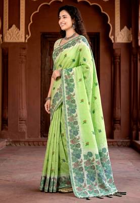 green woven cotton saree with blouse 3