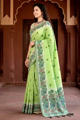 green woven cotton saree with blouse