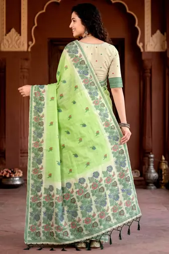 green woven cotton saree with blouse