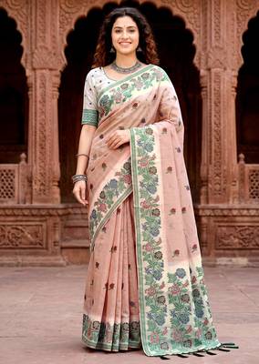 peach woven cotton saree with blouse 1