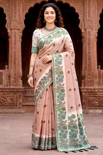 peach woven cotton saree with blouse