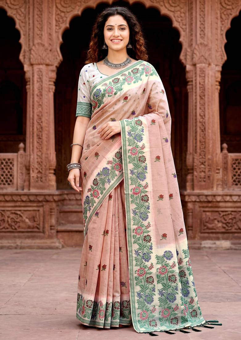 peach woven cotton saree with blouse