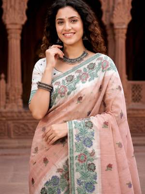 peach woven cotton saree with blouse 2
