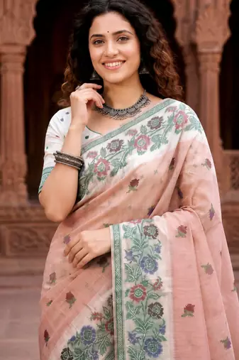 peach woven cotton saree with blouse