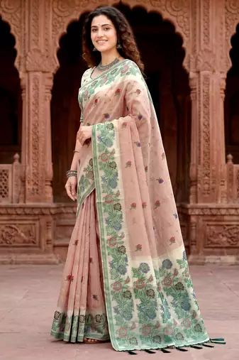 peach woven cotton saree with blouse