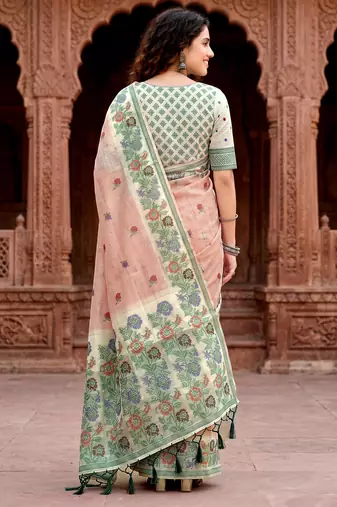peach woven cotton saree with blouse