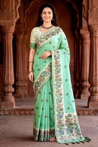 green woven cotton saree with blouse