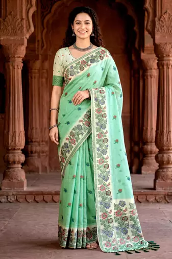 green woven cotton saree with blouse